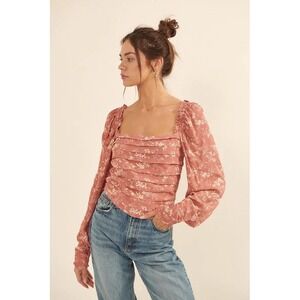Promesa Floral Square Neck Top Womens Small Canyon Rose NWT Tiered Smocked Back